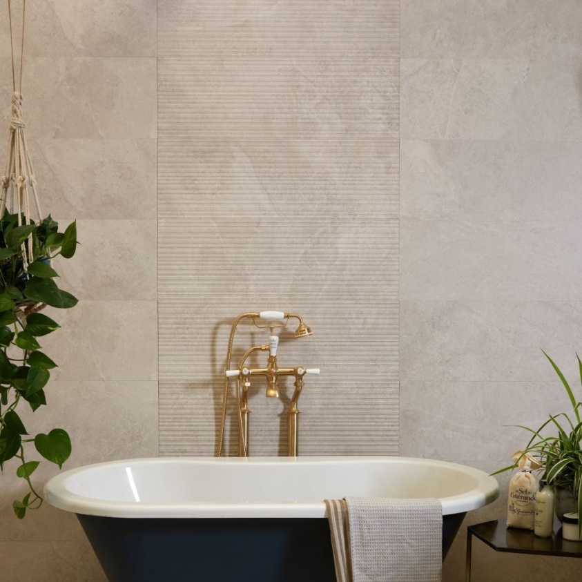 Lifestyle image of Ca Pietra Riverside Perla Wall Tiles and Linear Perla Wall Tiles 600mmx1200mm